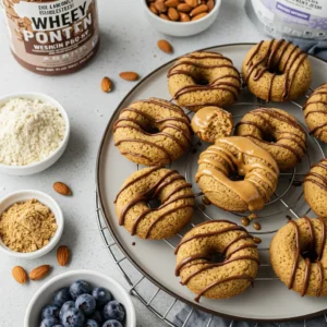 Protein donuts drizzled with chocolate and peanut butter, surrounded by almonds, blueberries, and whey protein powder.