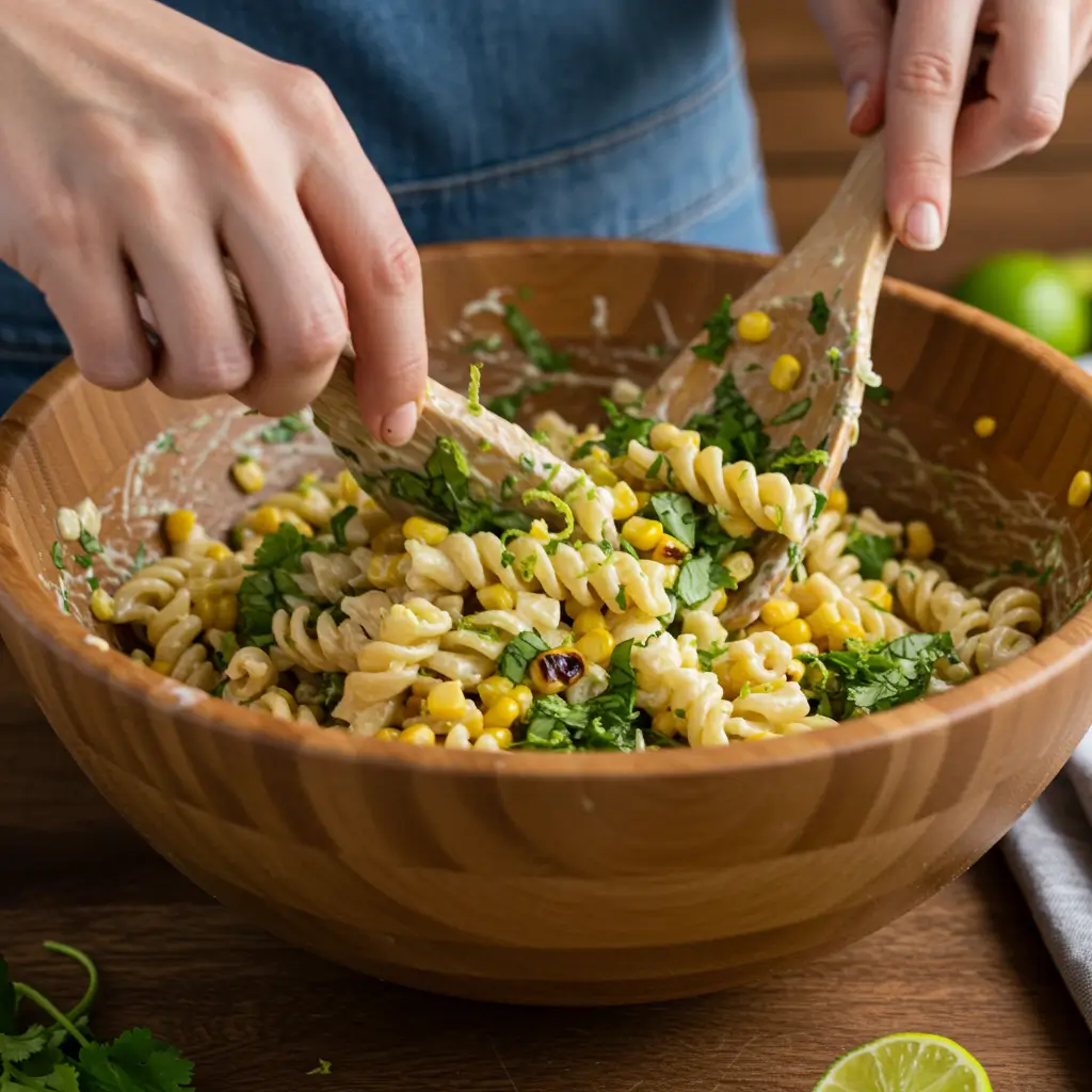 A person mixing elote pasta salad in a wooden bowl with wooden utensils, featuring spiral pasta, corn, and fresh greens.