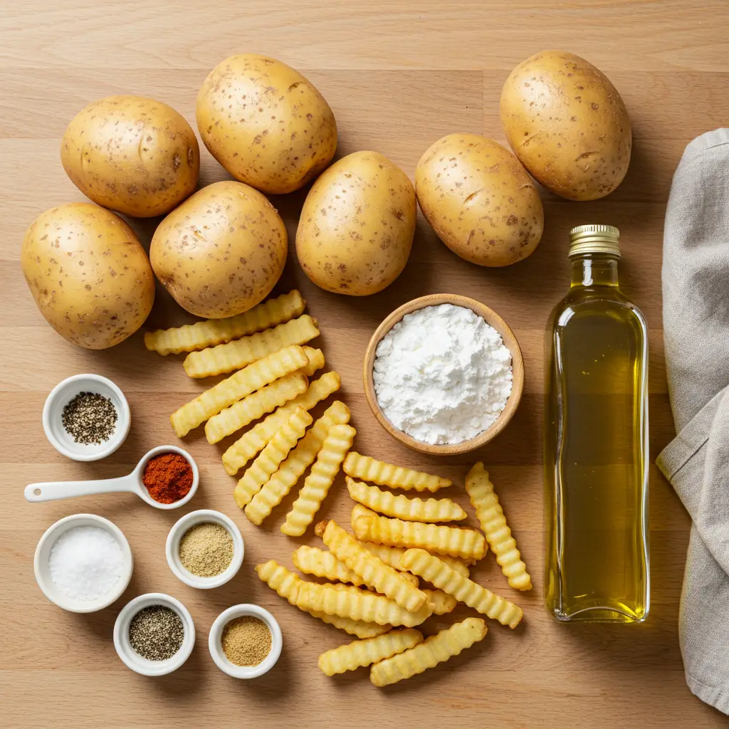 Ingredients for making crispy crinkle fries, including whole Russet potatoes, crinkle-cut fries, cornstarch, spices, and vegetable oil.