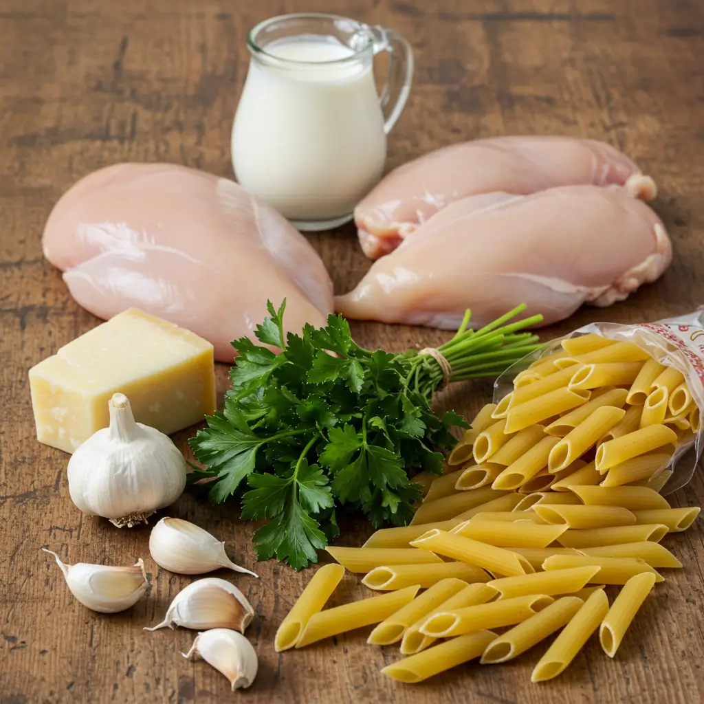 Ingredients for garlic parmesan chicken pasta with penne pasta, chicken breasts, garlic, parmesan, and heavy cream.