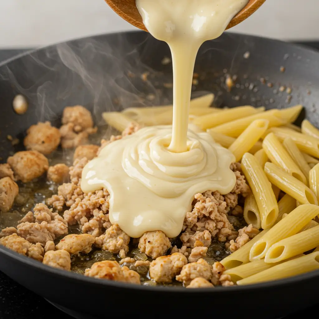 A creamy cheese sauce being poured into a skillet with cooked ground chicken and penne pasta, creating the base for a one-skillet cheesy ground chicken pasta recipe. 