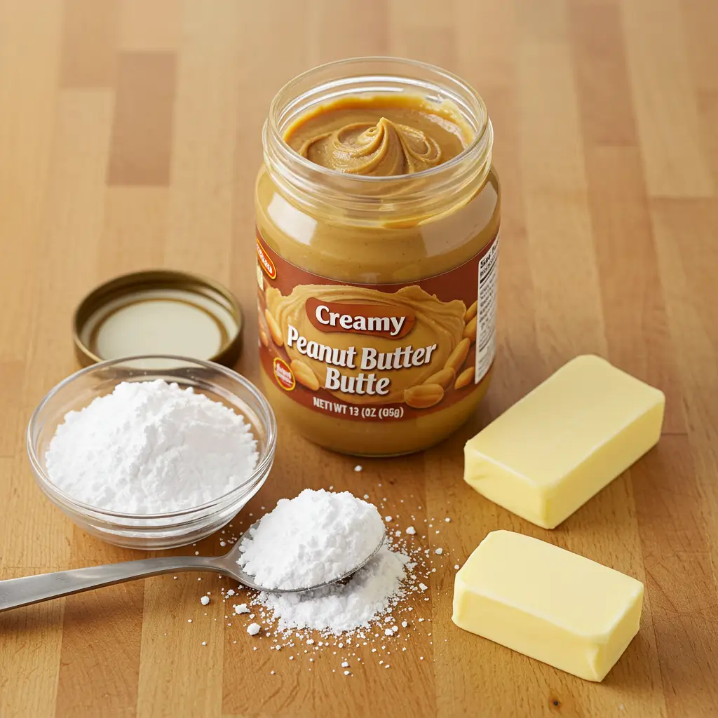 Three main ingredients for 3 Ingredient Peanut Butter Fudge: creamy peanut butter, powdered sugar, and butter on a wooden surface.