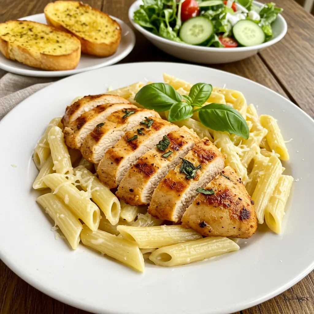 A plate of garlic parmesan chicken pasta with sliced grilled chicken breast over creamy penne pasta, garnished with parmesan cheese and fresh basil, served alongside garlic bread and a green salad.