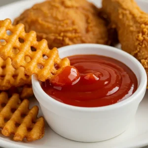 A bowl of vibrant red Polynesian sauce with waffle fries partially dipped into it, accompanied by crispy chicken bites in the background.