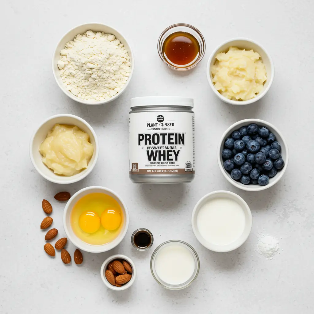 Various ingredients for making protein donuts, including protein powder, almond flour, eggs, applesauce, blueberries, and milk.