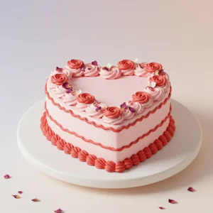 A pink heart-shaped cake with decorative frosting roses and piped details on a white cake stand.