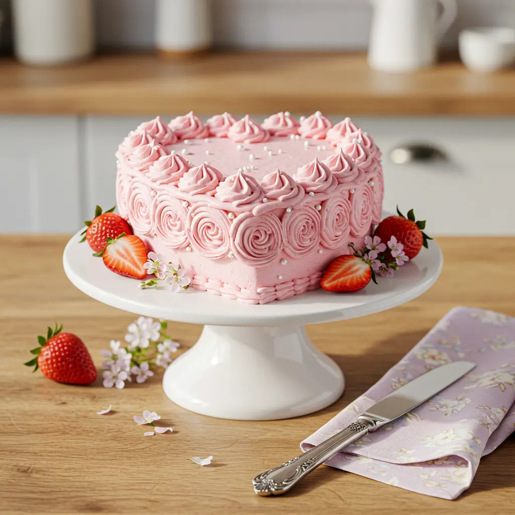 A beautifully decorated heart-shaped pink cake with frosting roses, pearl sprinkles, and strawberries on a white cake stand.