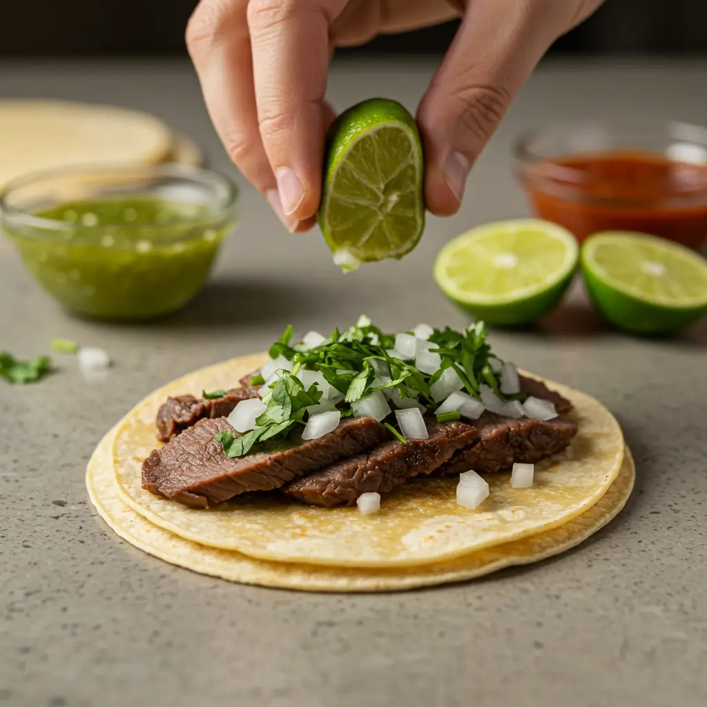 A close-up of a hand squeezing lime over a taco de lengua topped with chopped onion and cilantro, with bowls of green and red salsa in the background.