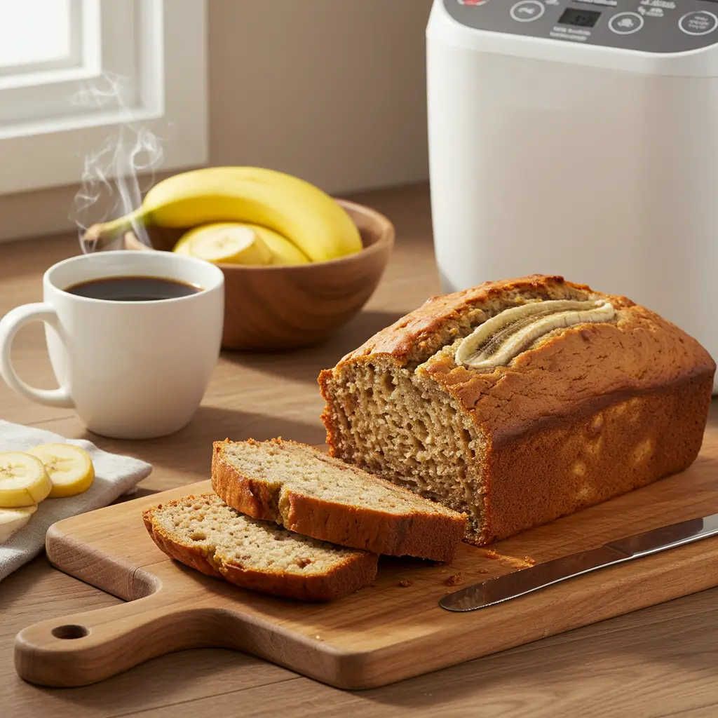 Freshly baked banana bread made in a bread machine, sliced to reveal its moist texture, with a cozy kitchen setting in the background.