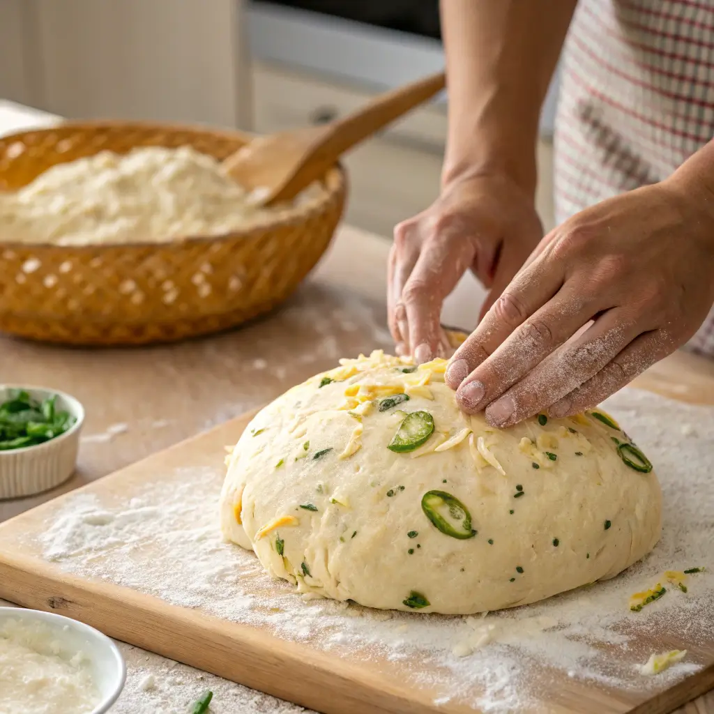 Hands shaping a loaf of vegan jalapeño cheese artisan bread dough on a floured wooden surface, with visible jalapeño slices and shredded vegan cheese.