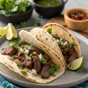 Two tacos de lengua served on a plate with garnishes of chopped onion and cilantro, accompanied by lime wedges and salsa in the background.