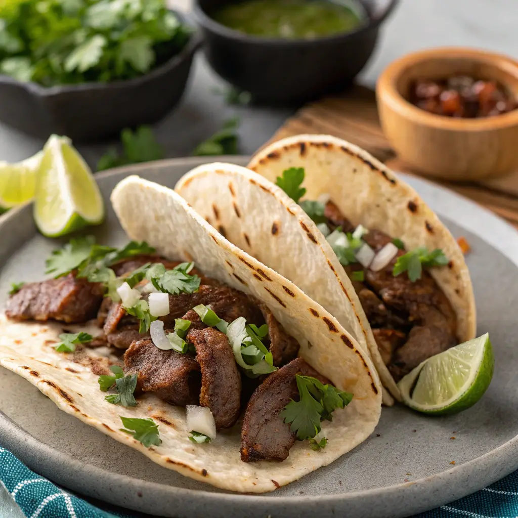 Two tacos de lengua served on a plate with garnishes of chopped onion and cilantro, accompanied by lime wedges and salsa in the background.