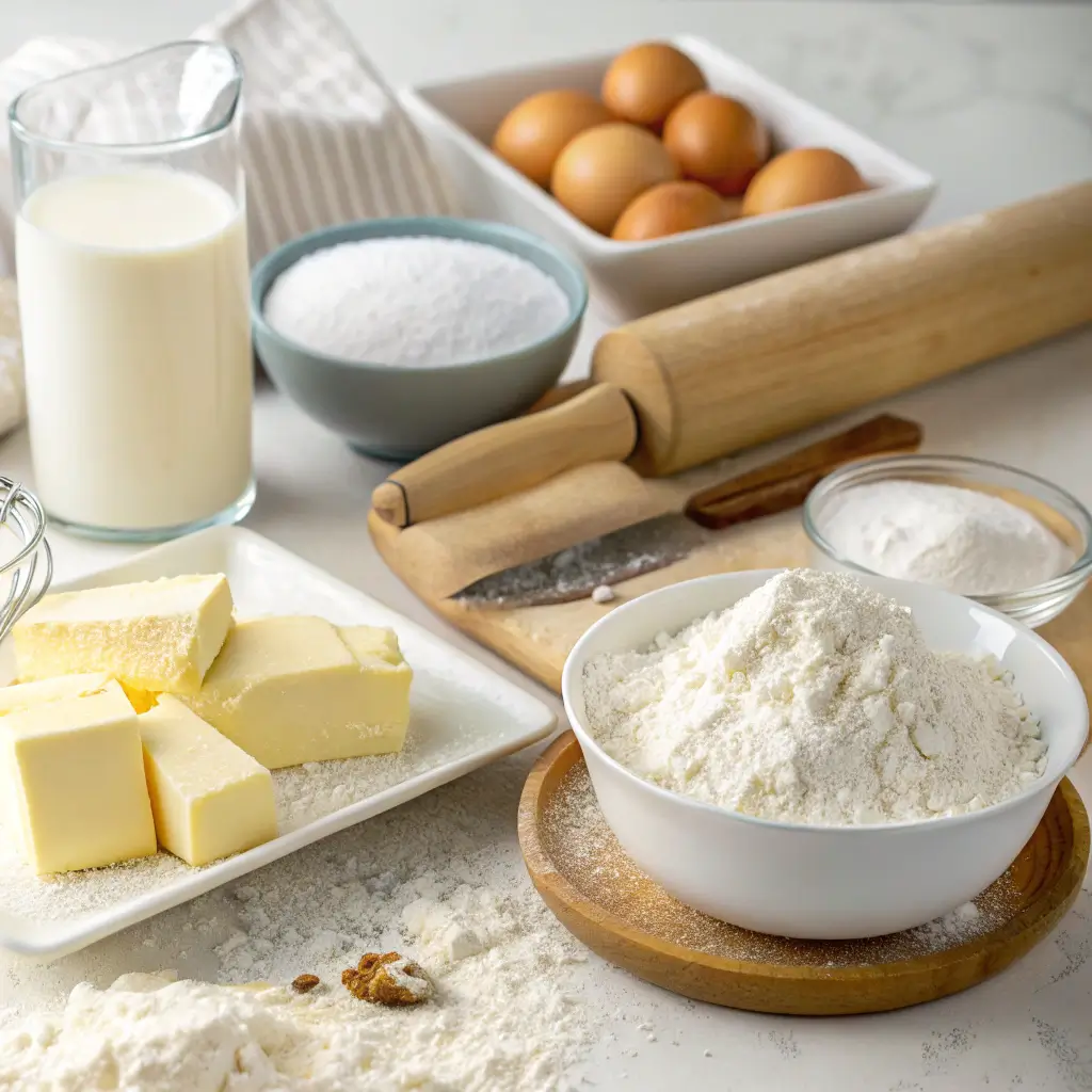 Essential ingredients for making Gipfeli: butter, flour, eggs, milk, sugar, and a rolling pin, ready for baking. 