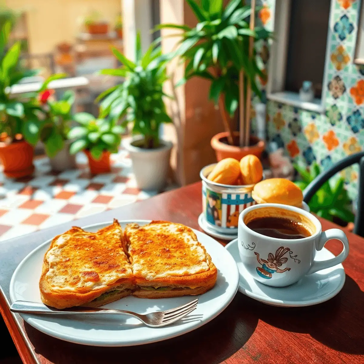 Cuban breakfast with grilled sandwich, coffee, and pastries served in a cozy setting with plants.