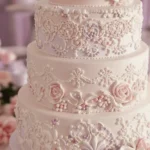 Elegant vintage wedding cake decorated with intricate floral lace and soft pastel details.