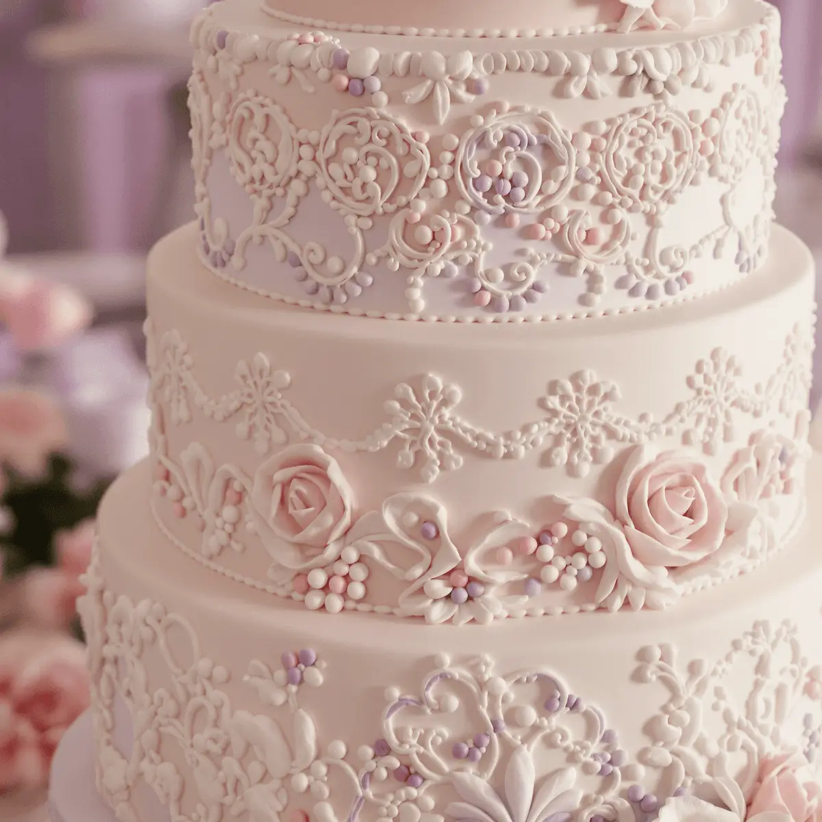 Elegant vintage wedding cake decorated with intricate floral lace and soft pastel details.