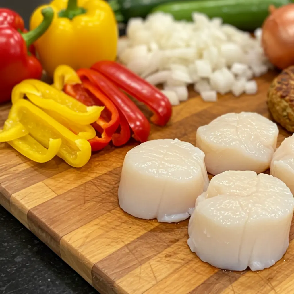 Fresh scallops, sliced bell peppers, diced onions, and fishcakes arranged on a wooden cutting board, ready for a stir-fry recipe.