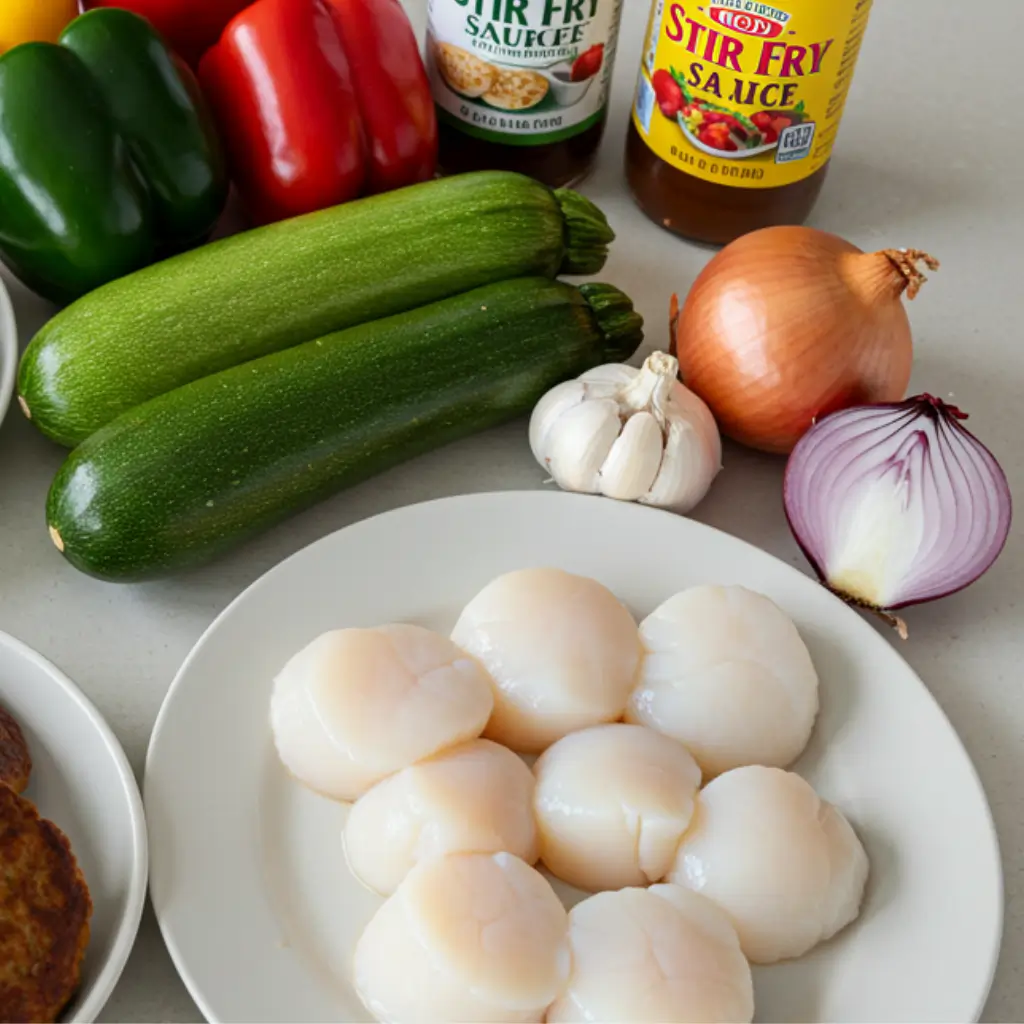 Fresh ingredients for a fishcakes and scallops stir-fry recipe, including scallops, fishcakes, zucchini, bell peppers, onions, garlic, and stir-fry sauce.