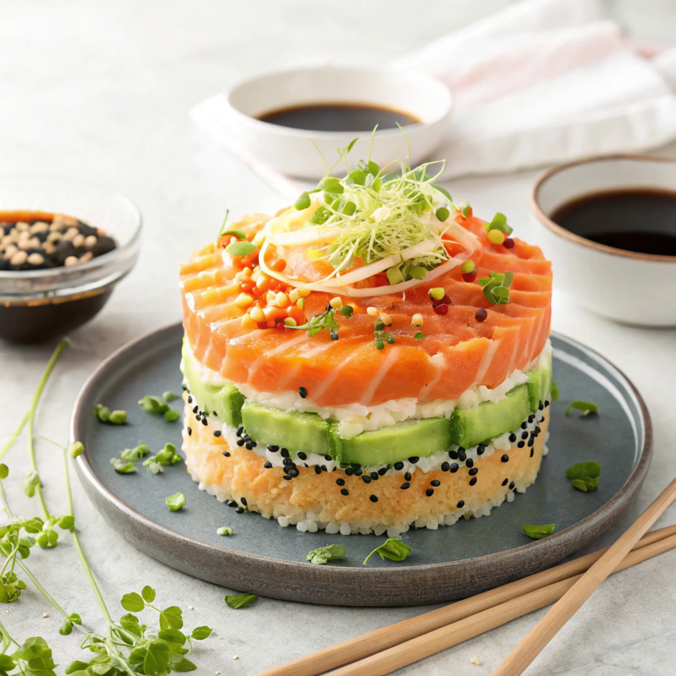 A beautifully layered sushi cake with fresh salmon, avocado, and sesame seeds, garnished with microgreens and drizzled with spicy mayo, served on a modern plate with chopsticks and soy sauce.