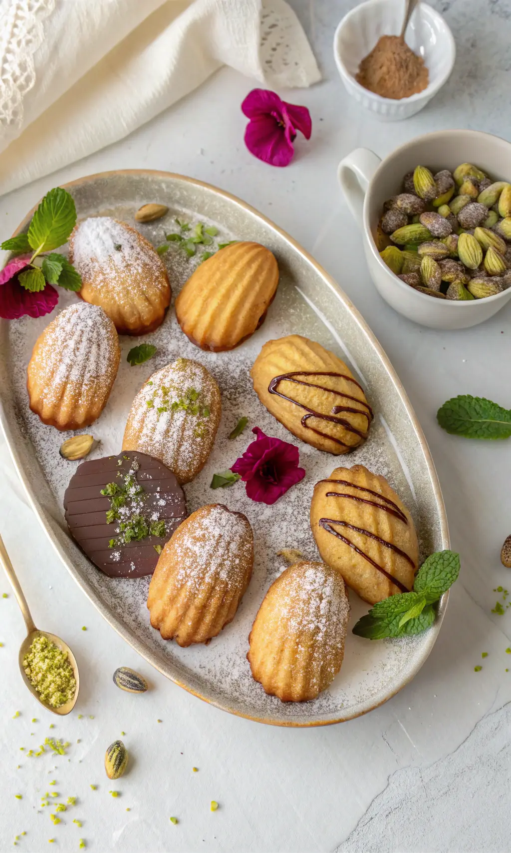 A beautifully styled platter of madeleine cookies with powdered sugar, chocolate, pistachios, and fresh mint leaves, perfect for serving.