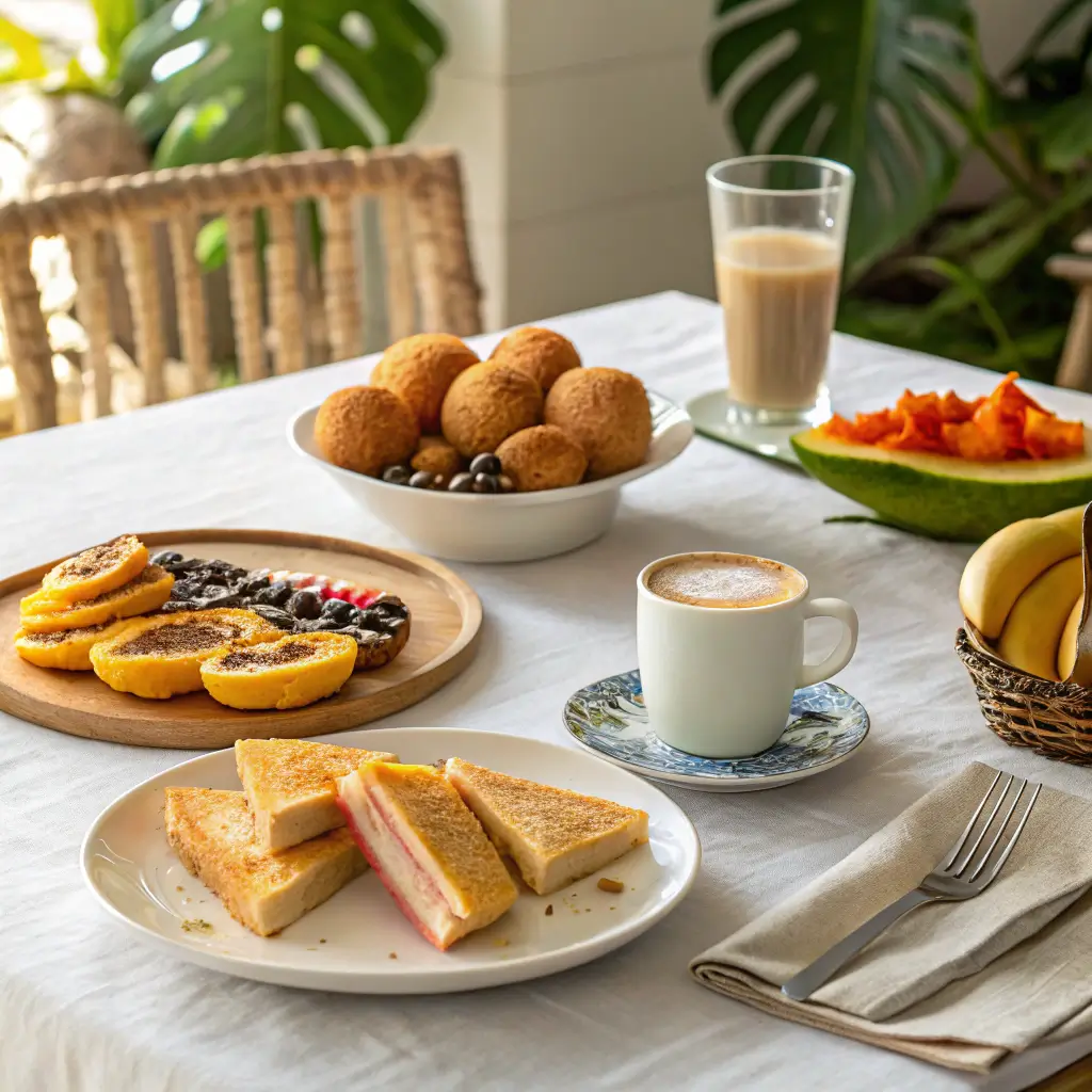 Cuban breakfast with toasted sandwiches, pastries, coffee, and fresh fruit served on a sunlit dining table.