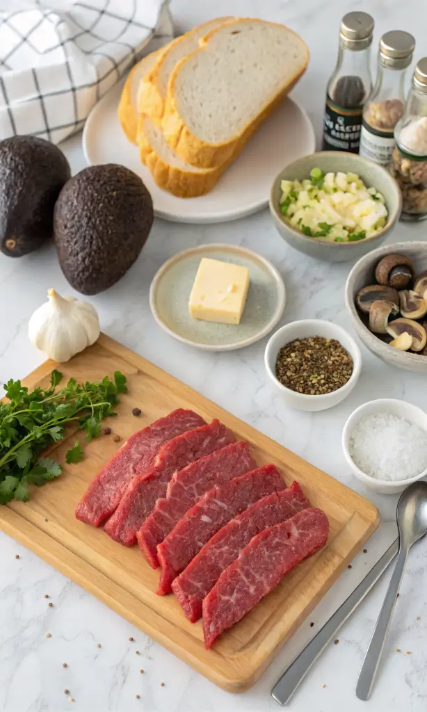 A well-lit kitchen countertop displaying fresh ingredients for a wagyu beef breakfast, including sliced raw wagyu, bread, avocados, garlic, cheese, mushrooms, butter, and seasonings.