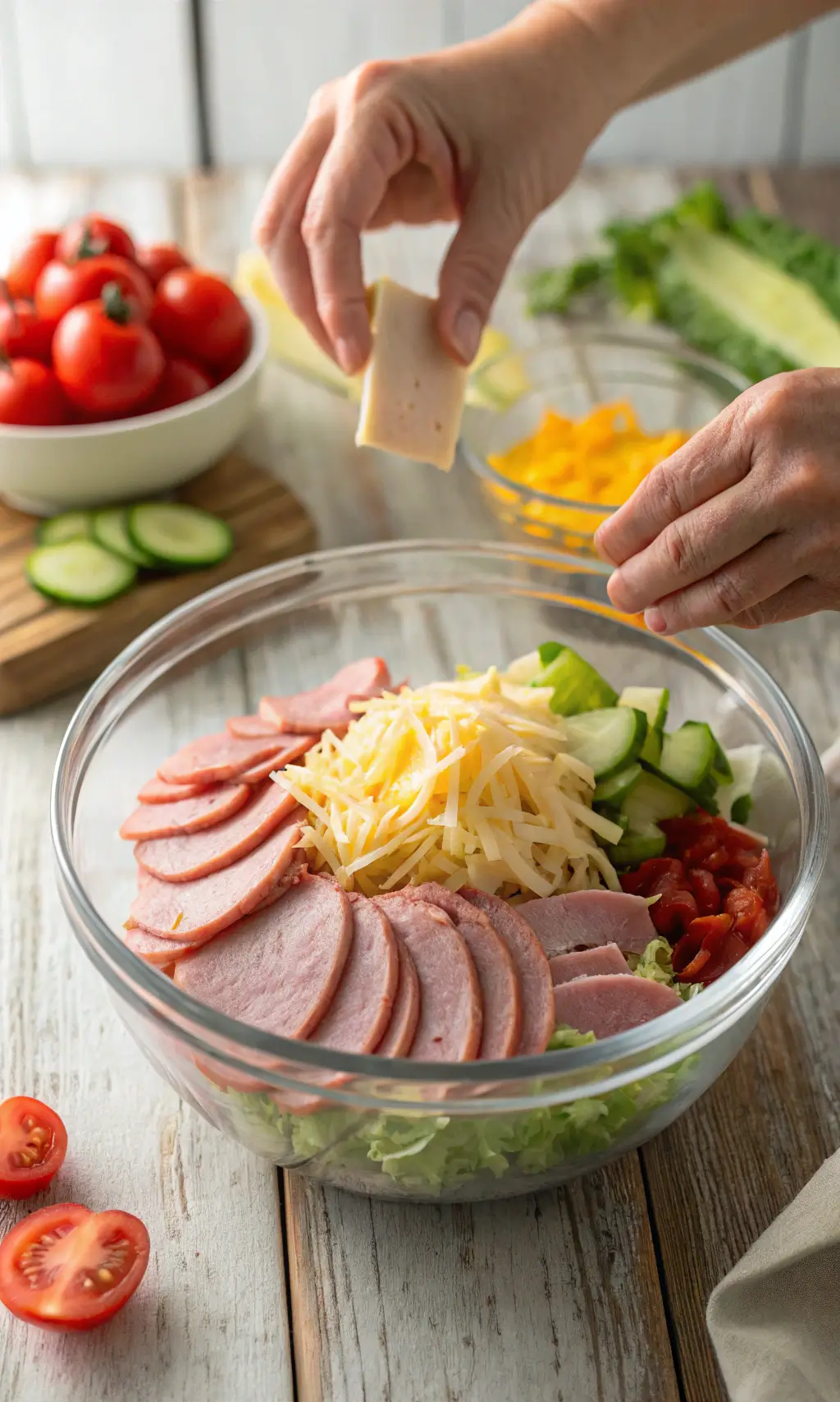 A close-up of hands preparing a "Sub in a Tub" salad with layers of deli meats, shredded cheese, and fresh vegetables in a glass bowl.