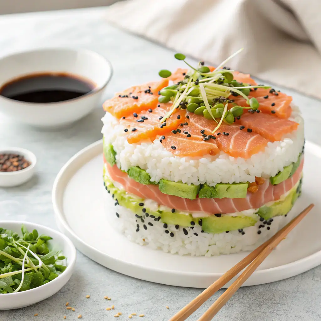 A beautifully layered sushi cake with fresh salmon, avocado, and sesame seeds, garnished with microgreens and drizzled with spicy mayo, served on a modern plate with chopsticks and soy sauce.