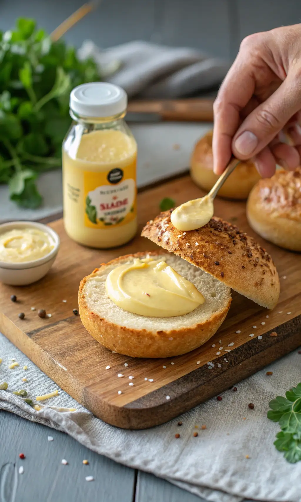 A close-up of a hand spreading mustard sauce on a fresh sandwich bun with a spoon. The bun is placed on a wooden cutting board, with a jar of mustard, fresh herbs, and spices in the background.