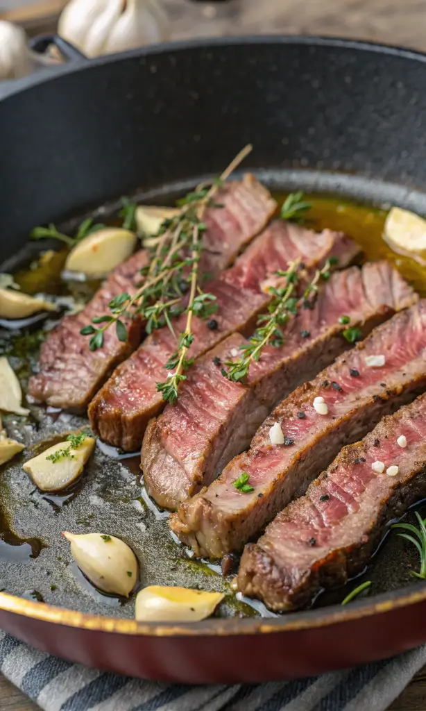 A close-up of perfectly seared wagyu beef slices in a cast-iron skillet, infused with garlic, fresh thyme, and melted butter.