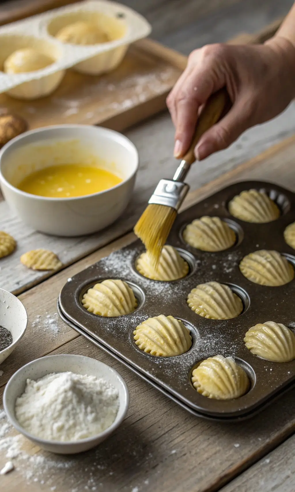 A hand brushing melted butter onto madeleine cookie dough in a tray before baking.