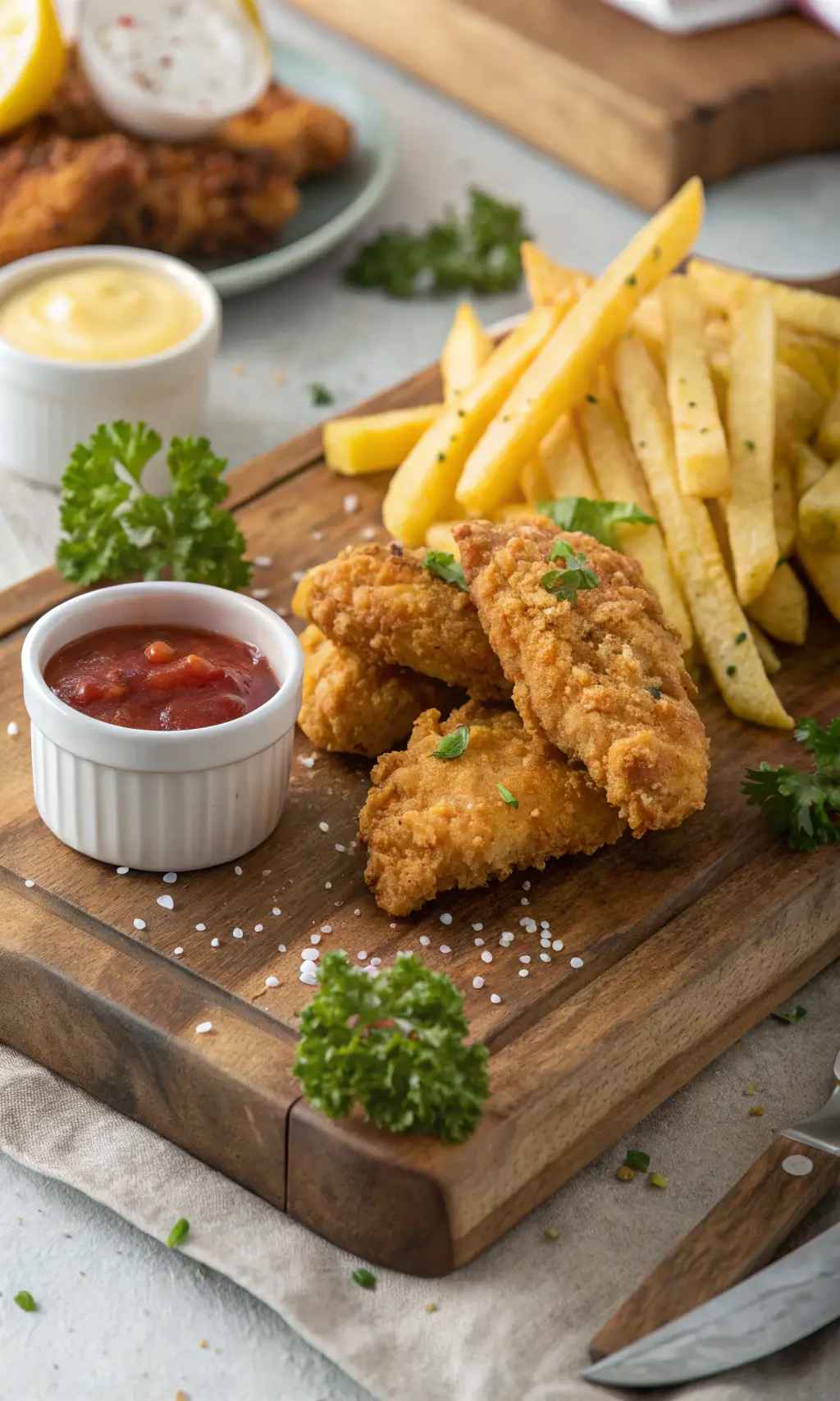 Crispy golden chicken tenders served with seasoned French fries and a side of dipping sauces on a rustic wooden board.