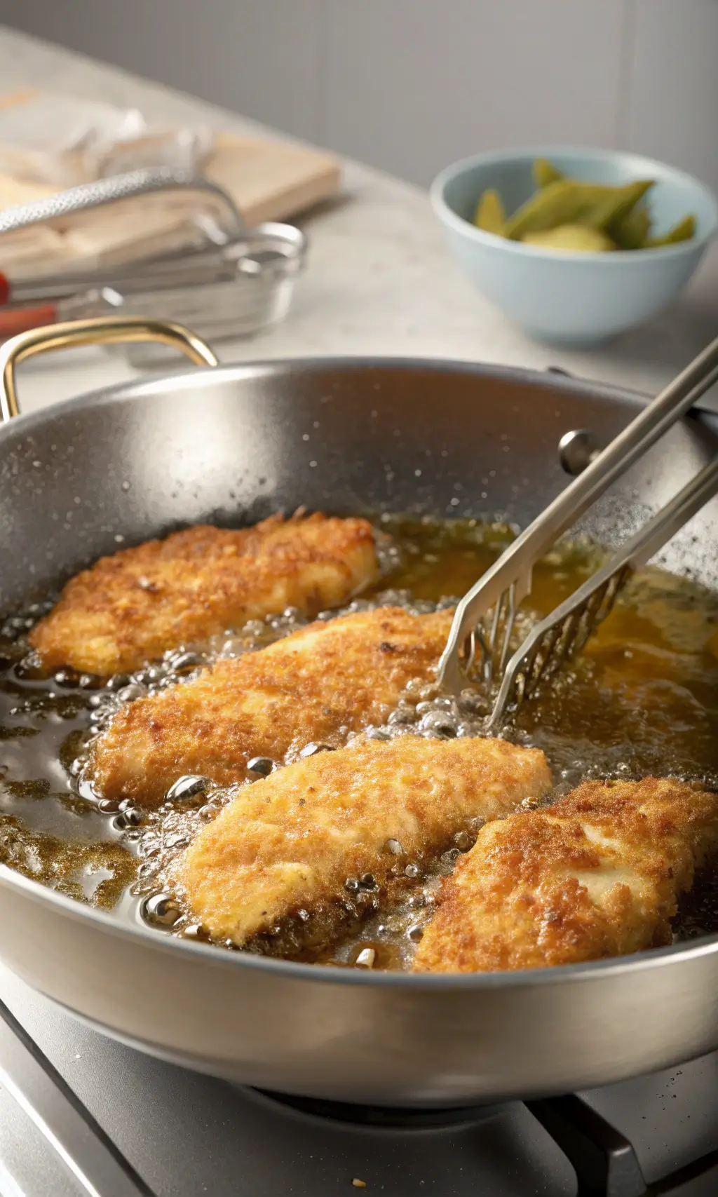 Crispy chicken tenders and fries served on a rustic wooden board with dipping sauces and fresh herbs.