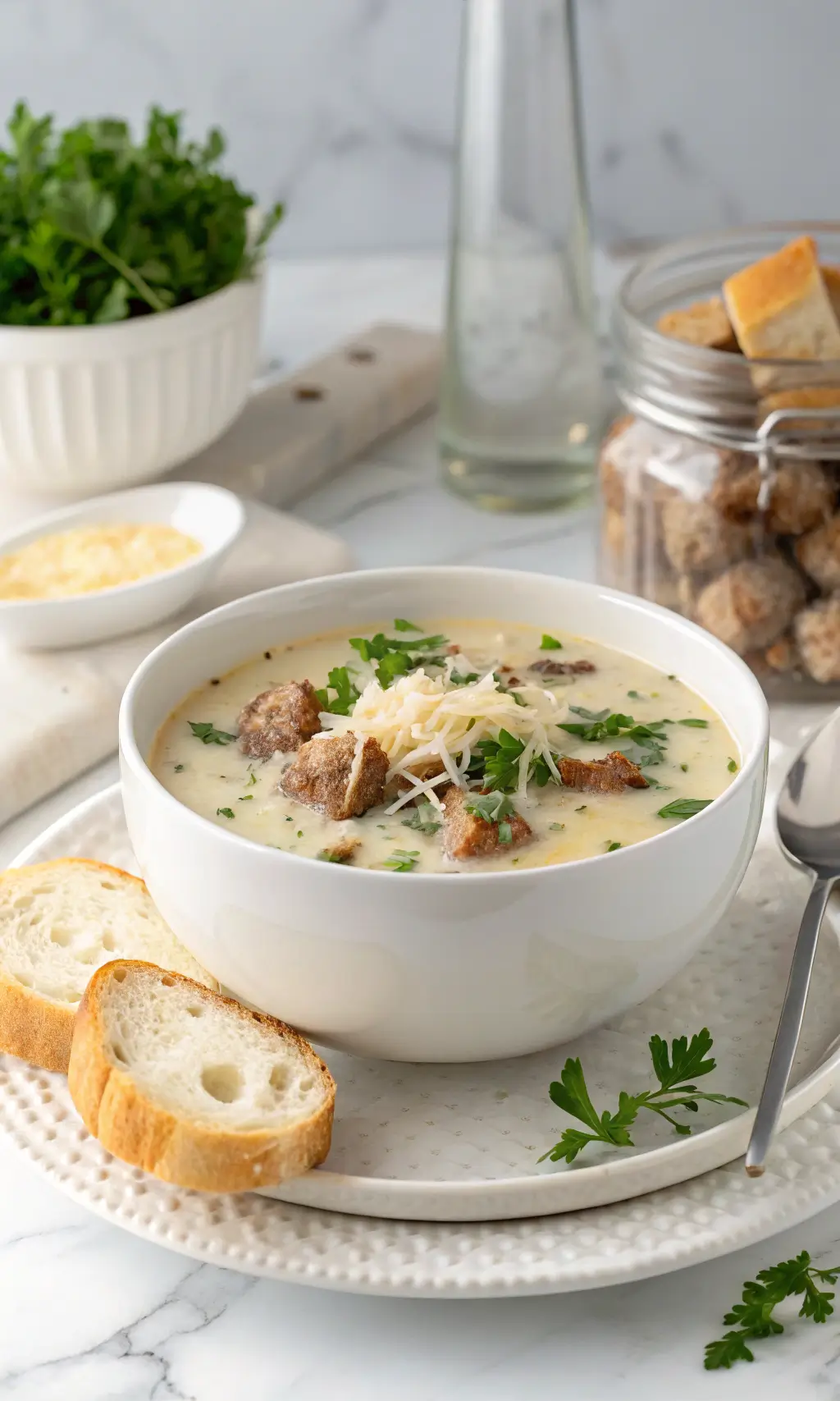 A bowl of creamy parmesan Italian sausage soup garnished with croutons, shredded parmesan cheese, and fresh parsley, served with slices of crusty bread.