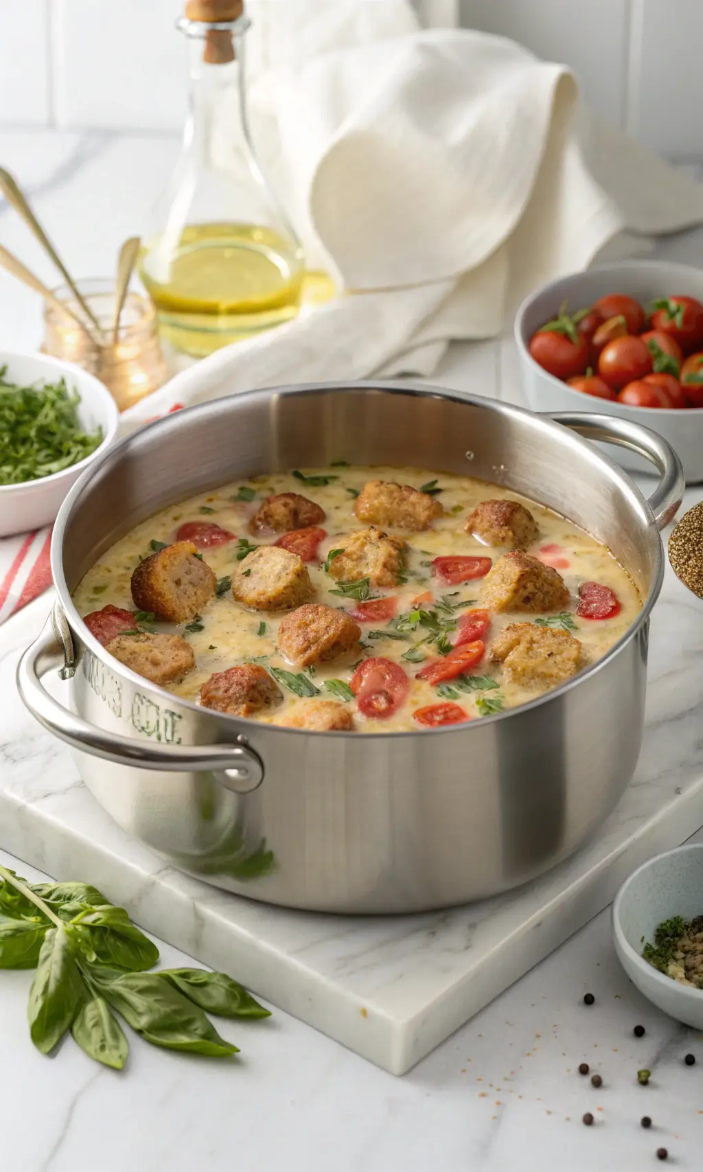 A stainless steel pot filled with creamy parmesan Italian sausage soup, garnished with cherry tomatoes and fresh herbs, placed on a marble countertop.