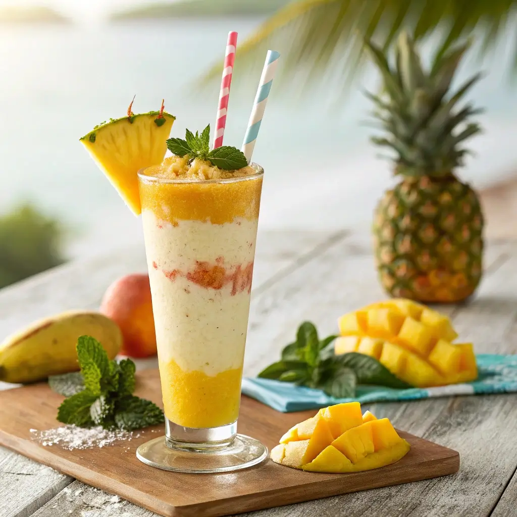 A vibrant Bahama Mama tropical smoothie served in a tall glass, garnished with a pineapple slice and fresh mint, with tropical fruits like mango, pineapple, and peach in the background.