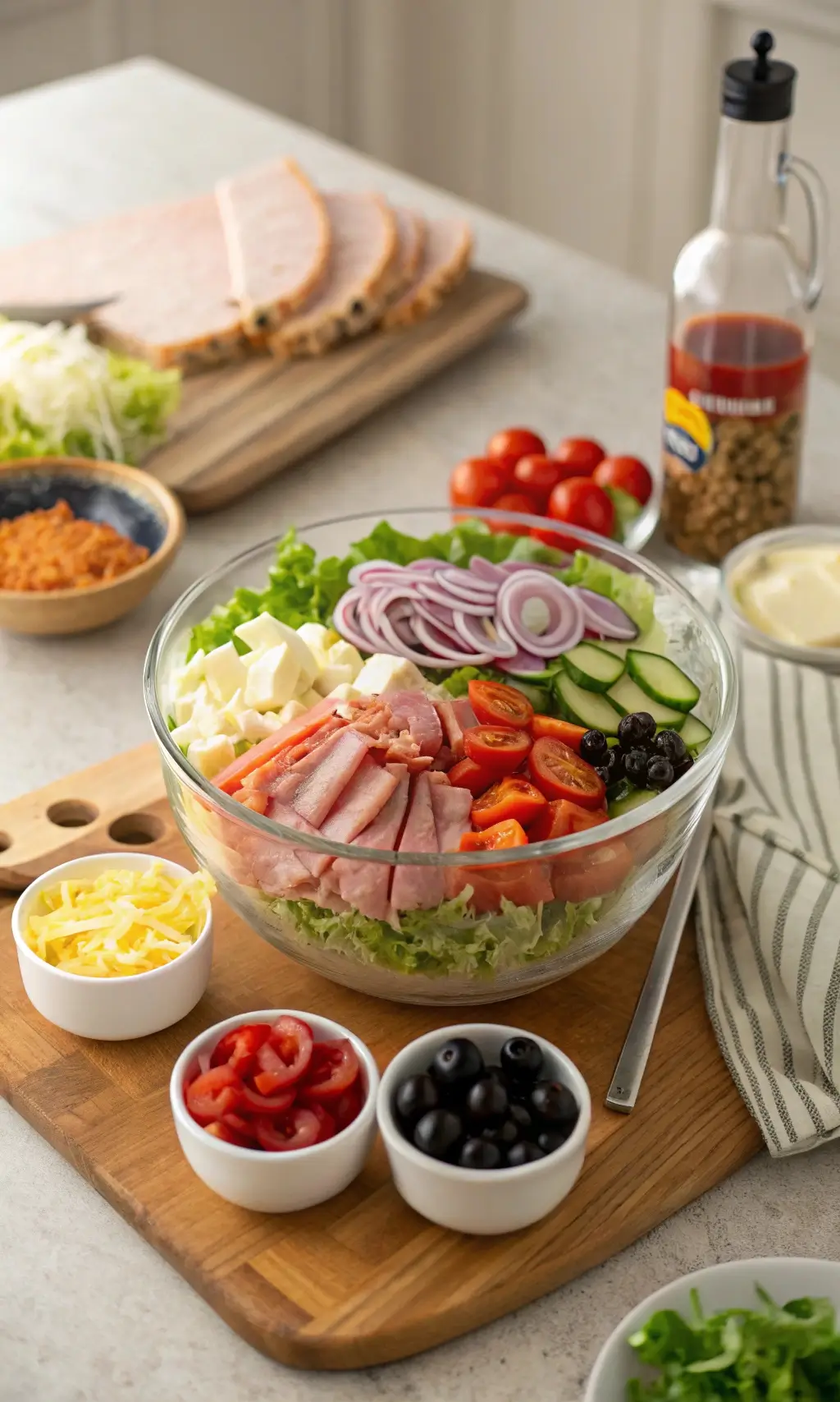 A bowl of fresh salad ingredients including ham, tomatoes, cucumber, red onion, and lettuce, with various toppings like cheese and olives, ready to be mixed for a sub in a tub recipe.