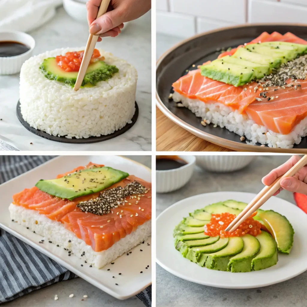 A vibrant sushi cake with layers of sushi rice, fresh salmon, avocado, and cucumber, topped with sesame seeds, spicy mayo, and microgreens, served on a sleek plate with chopsticks and soy sauce.