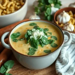 Creamy parmesan Italian sausage soup topped with spinach and grated cheese, with pasta and garlic in the background.