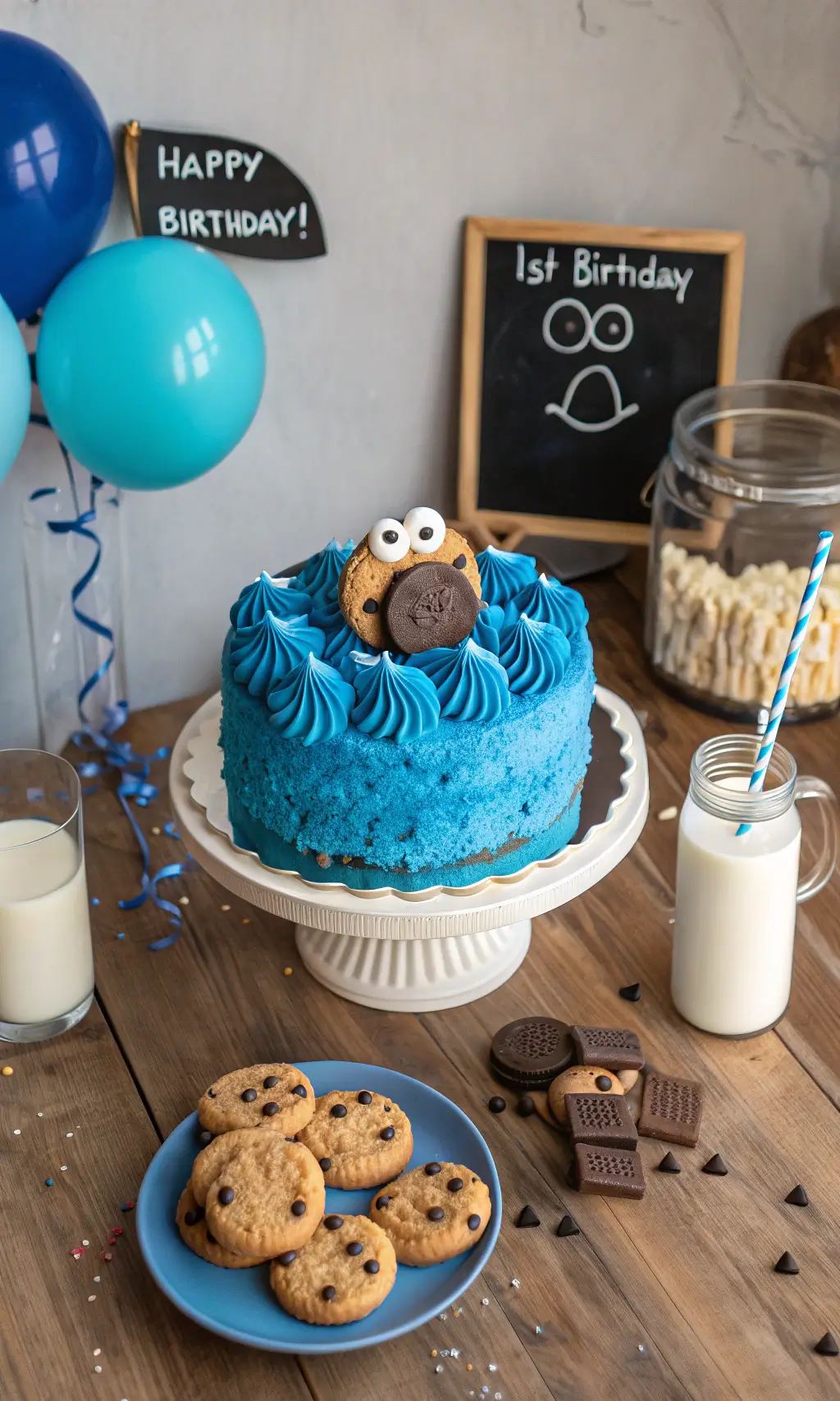 Cookie monster cake with blue frosting, cookies on top, and milk.