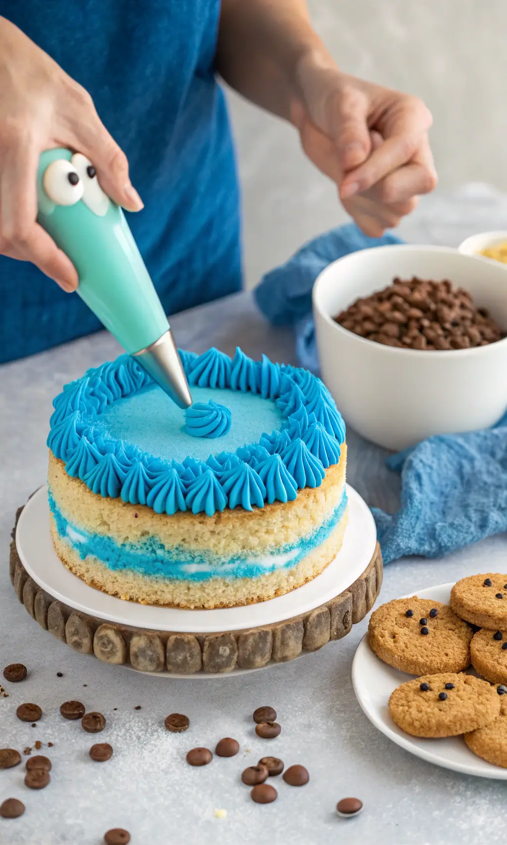 A baker decorates a semi-naked Cookie Monster cake with blue frosting using a piping bag, surrounded by chocolate chips and cookies.