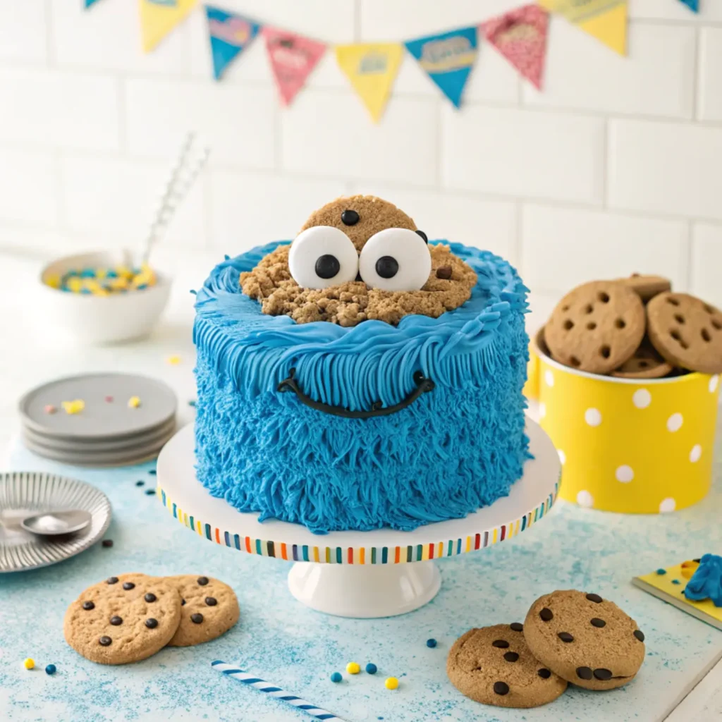 A playful Cookie Monster-themed cake decorated with bright blue frosting, large googly eyes, and crumbled cookies, placed on a cake stand with a fun birthday party setup.