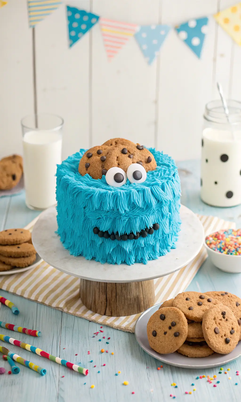 A fun and playful Cookie Monster cake with blue frosting, googly eyes, and a chocolate chip cookie on top, surrounded by milk, cookies, and colorful party decorations.