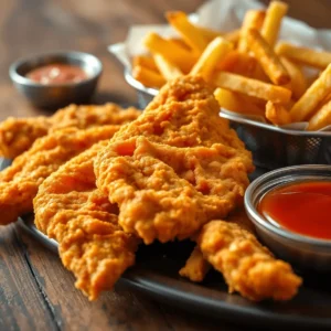 Crispy chicken tenders and fries served on a rustic wooden board with dipping sauces and fresh herbs.