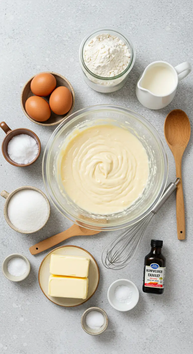 Madeleine cookie batter with ingredients like flour, eggs, butter, milk, and vanilla extract arranged on a kitchen counter.