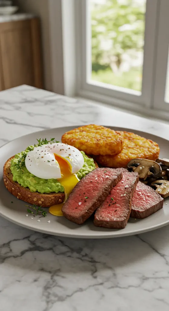 A gourmet breakfast plate featuring sliced wagyu beef, avocado toast with a poached egg, crispy hash browns, and sautéed mushrooms.