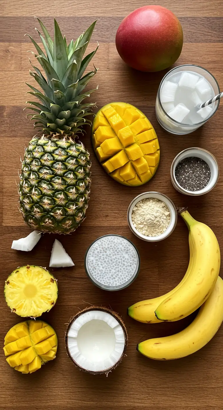 Fresh tropical ingredients including pineapple, mango, coconut, bananas, chia seeds, and protein powder arranged on a wooden surface for a Bahama Mama tropical smoothie.