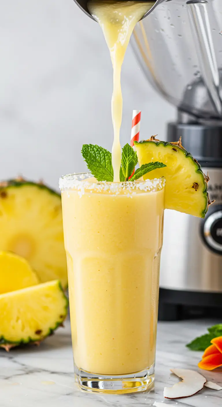 A creamy Bahama Mama tropical smoothie being poured into a glass, garnished with a pineapple slice, mint leaves, and a red-and-white straw.