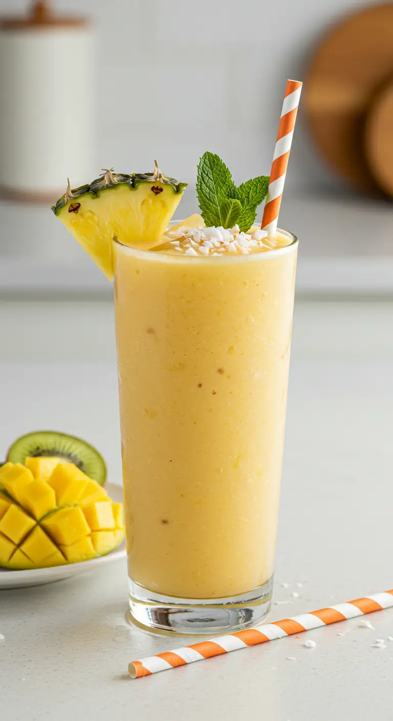 A refreshing Bahama Mama tropical smoothie in a tall glass, garnished with a pineapple slice, fresh mint leaves, and shredded coconut. An orange and white striped straw complements the vibrant yellow smoothie.