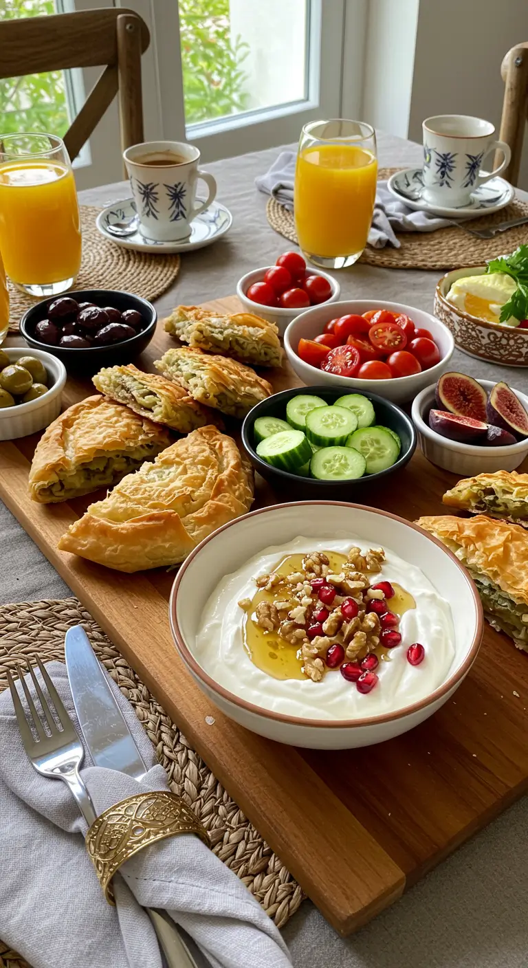 A traditional Greek breakfast spread featuring yogurt with honey, walnuts, and pomegranate, alongside pastries, fresh vegetables, olives, figs, and orange juice.